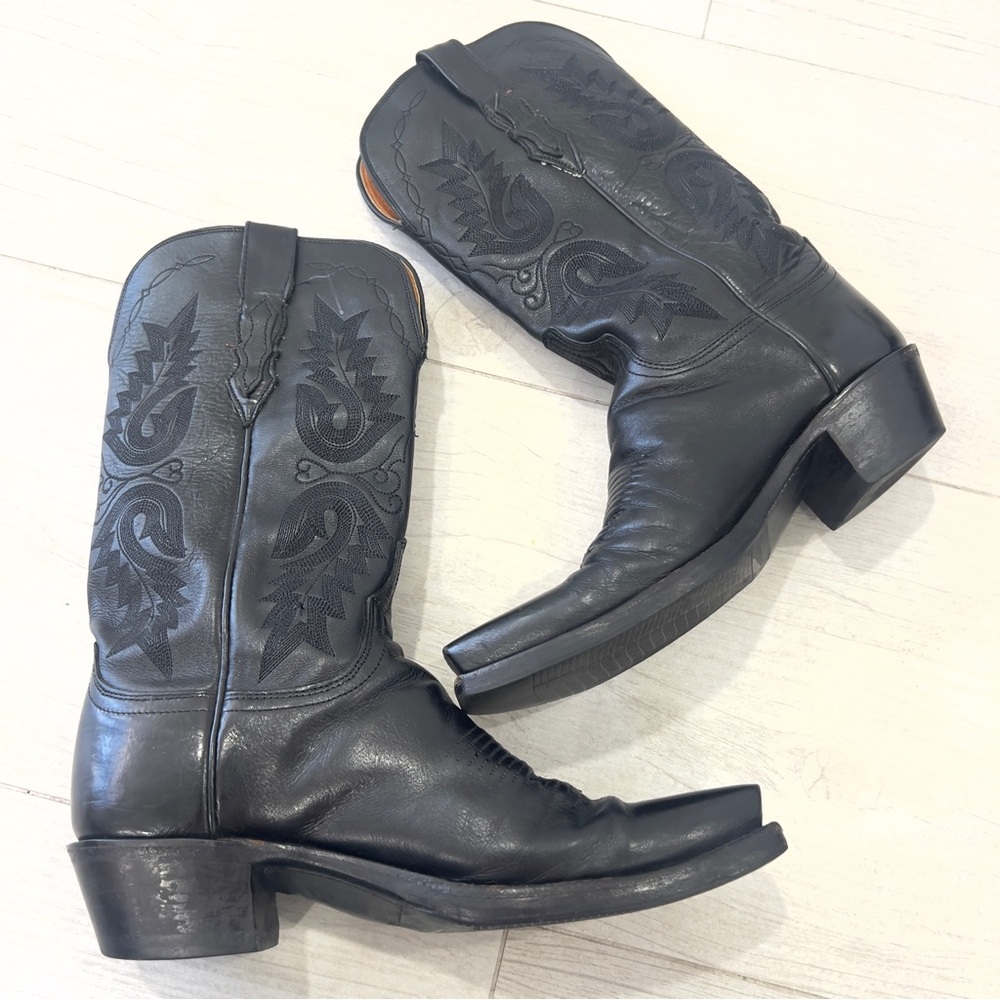 Lucchese 1883 Black Buffalo Leather Ranch Hand Boots Size 7.5